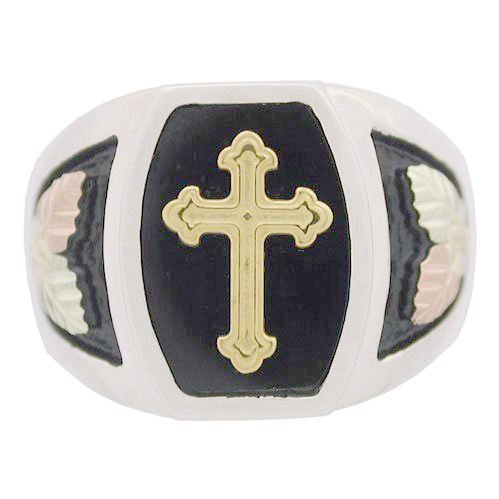 Men's Onyx Cross Band, 10k Yellow Gold, Sterling Silver, 12k Green and Rose Gold Black Hills Gold Motif