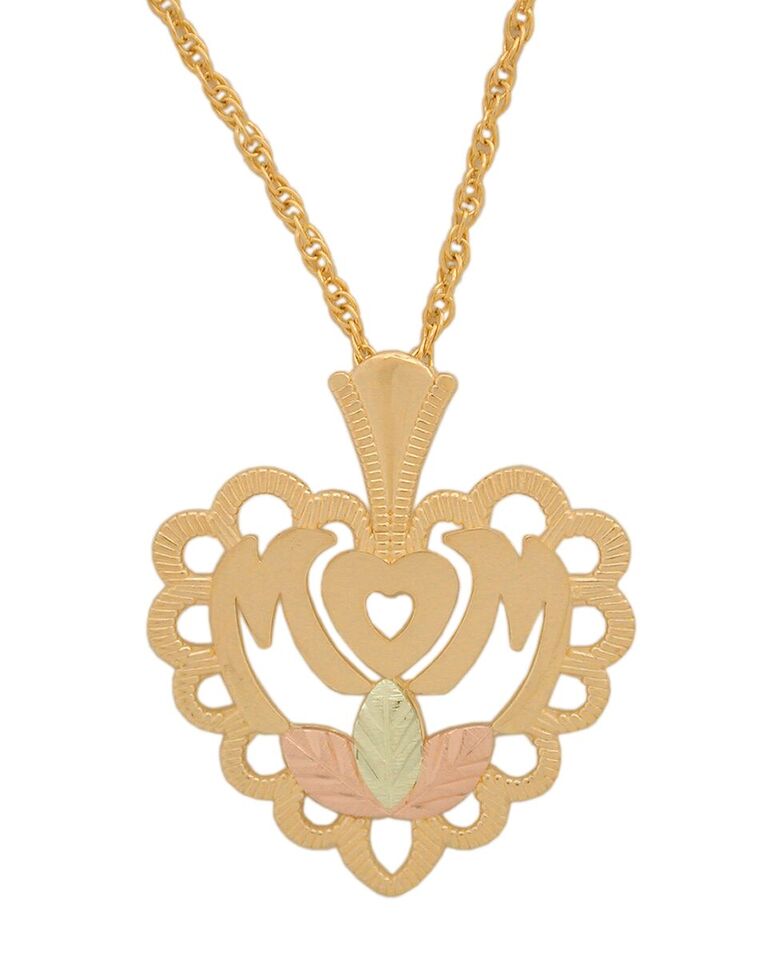 Mom Heart Filigree Necklace, 10k Yellow Gold, 12k Green and Rose Gold Black Hills Gold Motif