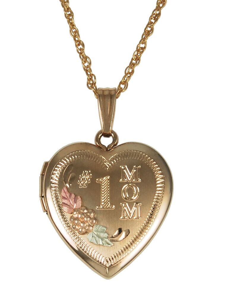 'Mom' Heart Locket Necklace, 10k Yellow Gold, 12k Green and Rose Gold Black Hills Gold Motif