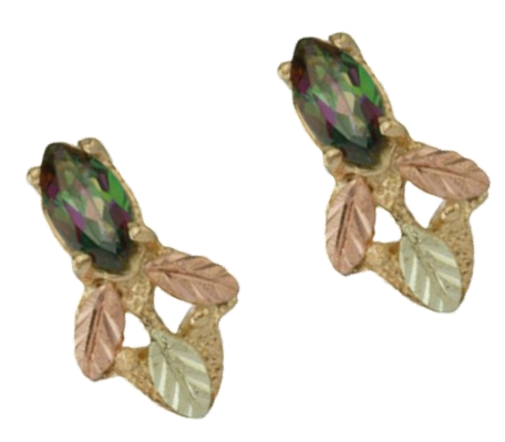 Mystic Fire Marquise Earrings, 10k Yellow Gold, 12k Green and Rose Gold Black Hills Gold Motif