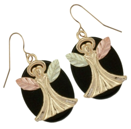 Onyx Angel Earrings, 10k Yellow Gold, 12k Green and Rose Gold Black Hills Gold Motif