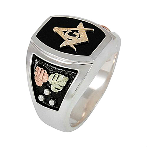 Onyx Barrel Masonic Ring, 10k Yellow Gold, 12k Green and Rose Gold Black Hills Gold Motif