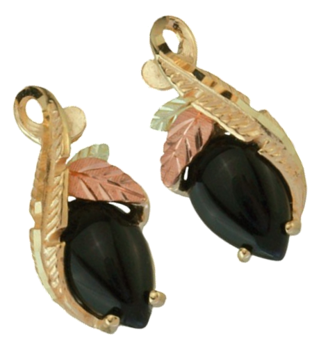 Onyx Cabochon Earrings, 10k Yellow Gold, 12k Green and Rose Gold Black Hills Gold Motif