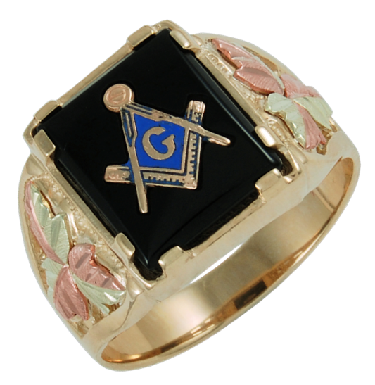 Onyx Free Masons Signet Ring, 10k Yellow Gold, 12k Green Gold, 12k Rose Gold Black Hills Gold Motif