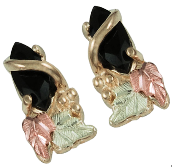 Onyx Marquise Earrings, 10k Yellow Gold, 12k Rose and Green Gold Black Hills Gold Motif