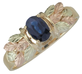 Faceted Oval Sapphire Ring, 10k Yellow Gold, 12k Green and Rose Gold Black Hills Gold Motif