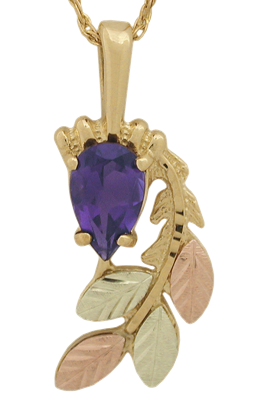 Pear Amethyst Pendant Necklace in 10k Yellow Gold, 12k Green and Rose Gold Black Hills Gold Motif