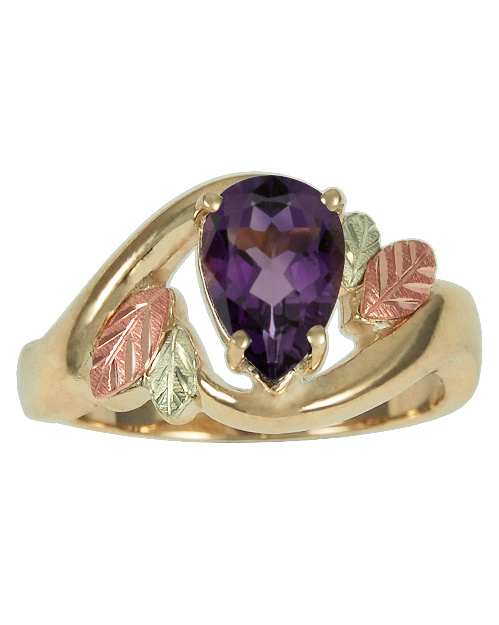 Pear Amethyst Ring, 10k Yellow Gold, 12k Green and Rose Gold Black Hills Gold Motif