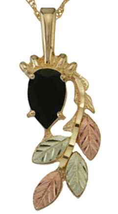 Pear Faceted Onyx Pendant Necklace, 10k Yellow Gold, 12k Green and Rose Gold Black Hills Gold Motif