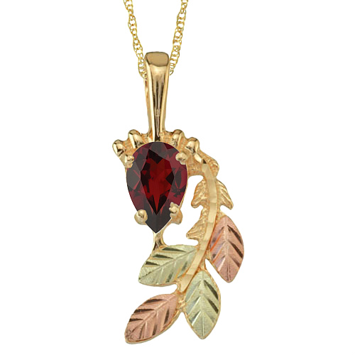 Pear Garnet Pendant Necklace, 10k Yellow Gold, 12k Green and Rose Gold Black Hills Gold Motif