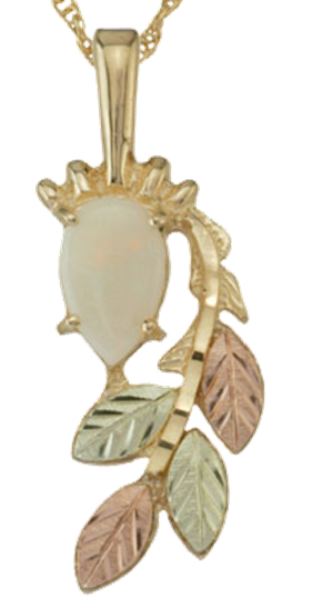 Pear Opal Cabachon Pendant Necklace, 10k Yellow Gold, 12k Green and Rose Gold Black Hills Gold Motif