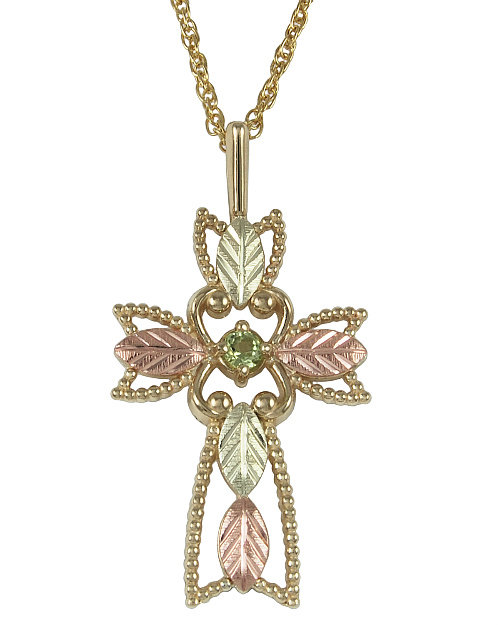 Peridot Cross Pendant Necklace, 10k Yellow Gold, 12k Green and Rose Gold Black Hills Gold Motif