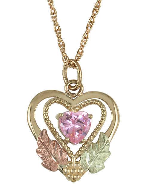 Pink Ice Heart Pendant Necklace, 10k Yellow Gold, 12k Green and Rose Gold Black Hills Gold Motif