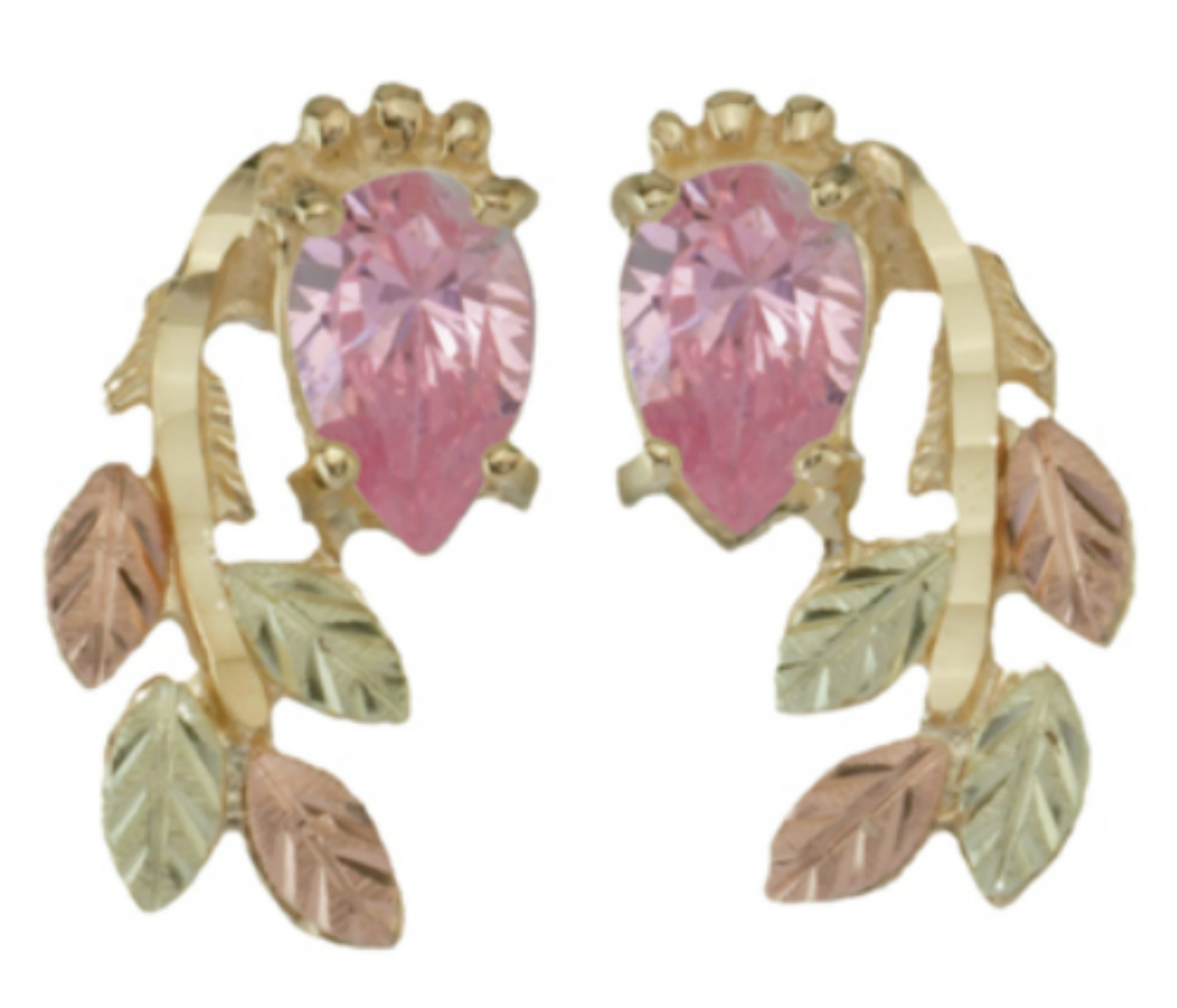 Pink Ice Pear Inlaid Leaf Earrings, 10k Yellow Gold, 12k Rose and Green Gold Black Hills Gold Motif