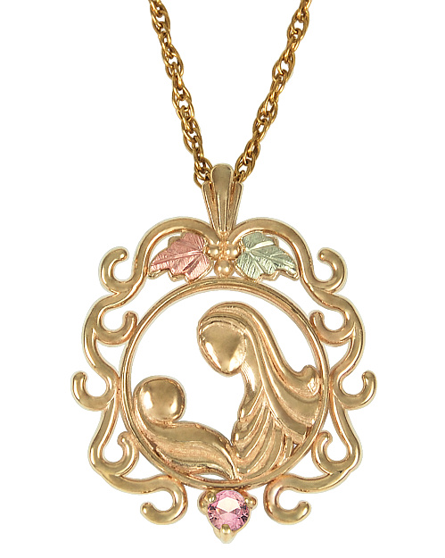 Pink Tourmaline Mother Child Circle Pendant Necklace, 10k Yellow Gold, 12k Green and Rose Gold Black Hills Gold Motif
