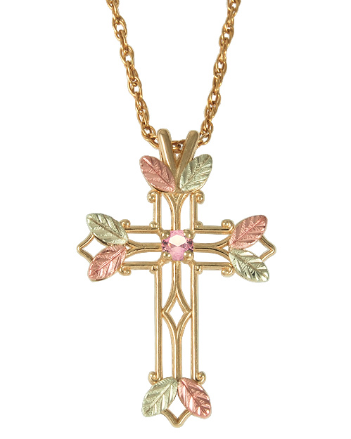 Pink Tourmaline Pointed Cross Pendant Necklace, 10k Yellow Gold, 12k Green and Rose Gold Black Hills Gold Motif