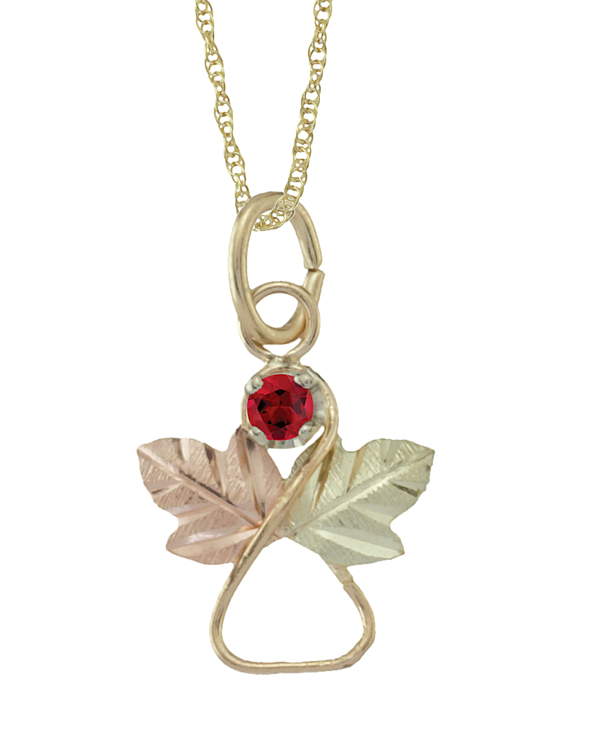 Ruby Angel Heart Pendant Necklace, 10k Yellow Gold, 12k Green and Rose Gold Black Hills Gold Motif