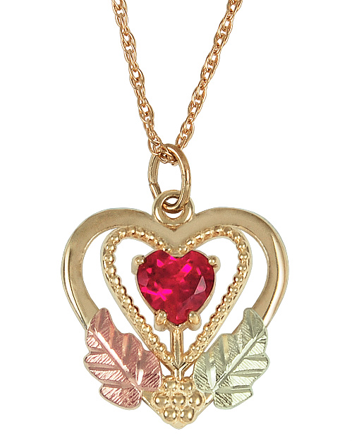 Ruby Heart Pendant Necklace, 10k Yellow Gold, 12k Green and Rose Gold Black Hills Gold Motif
