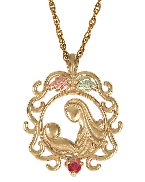 Ruby Mother Child Circle Pendant Necklace, 10k Yellow Gold, 12k Green and Rose Gold Black Hills Gold Motif