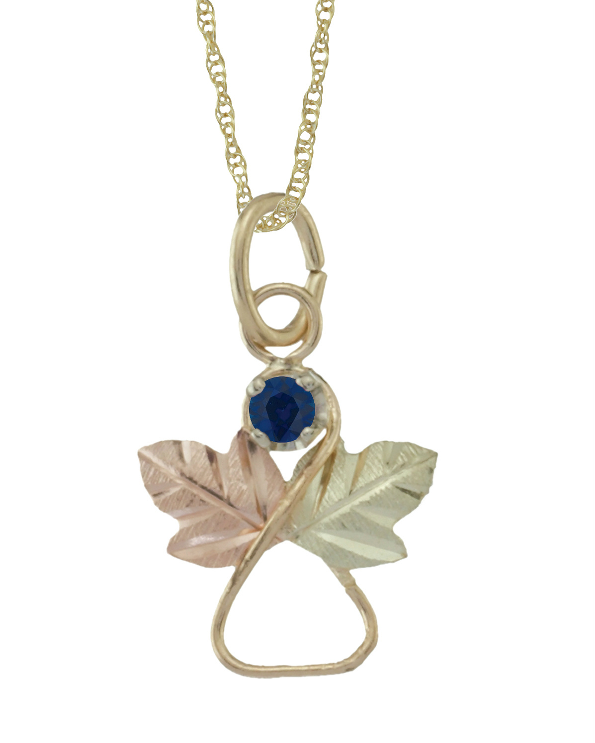 Sapphire Angel Heart Pendant Necklace, 10k Yellow Gold, 12k Green and Rose Gold Black Hills Gold Motif