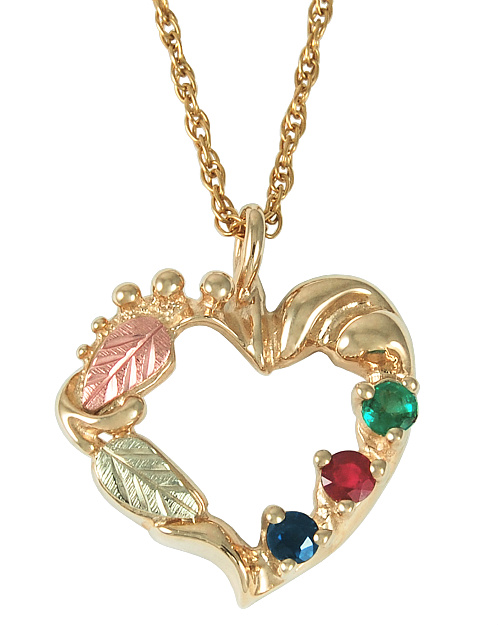 Sapphire, Garnet and Emerald Heart Pendant Necklace, 10k Yellow Gold, 12k Green and Rose Gold Black Hills Gold