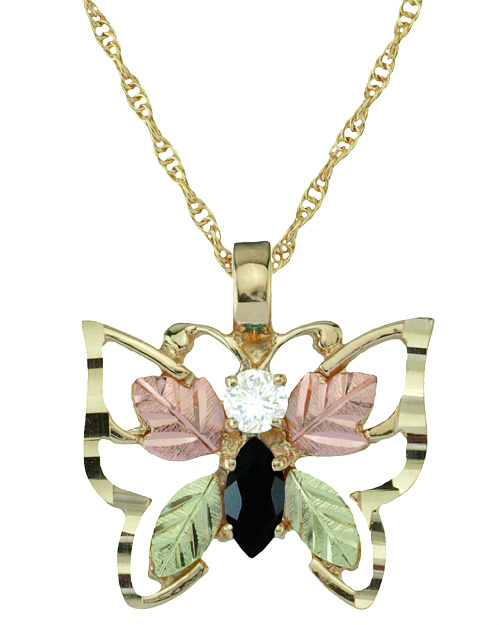 White CZ and Faceted Onyx Butterfly Pendant Necklace, 10k Yellow Gold, 12k Green and Rose Gold Black Hills Gold Motif