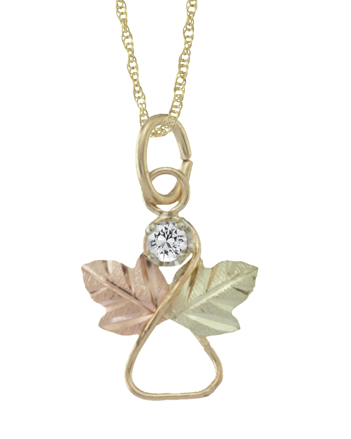 White Topaz Angel Heart Pendant Necklace, 10k Yellow Gold, 12k Green and Rose Gold Black Hills Gold Motif