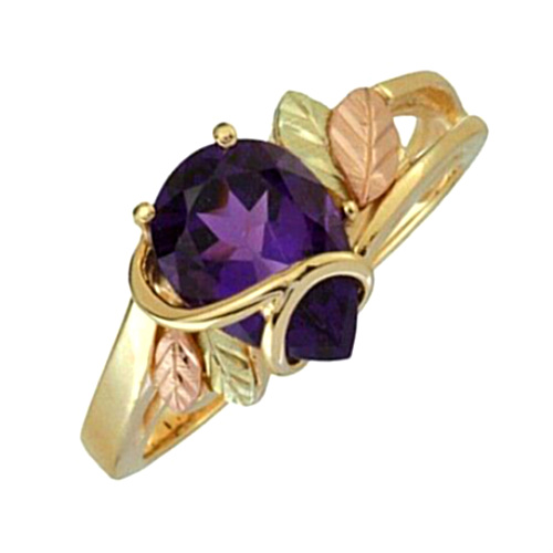 Amethyst Pear Ring, 10k Yellow Gold, 12k Green and Rose Gold Black Hills Gold Motif