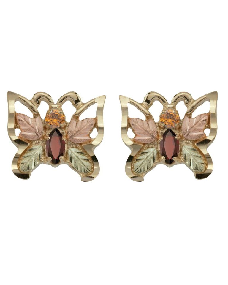 Garnet with Citrine Accent Butterfly Earrings, 10k Yellow Gold, 12k Green and Rose Gold Black Hills Gold Motif