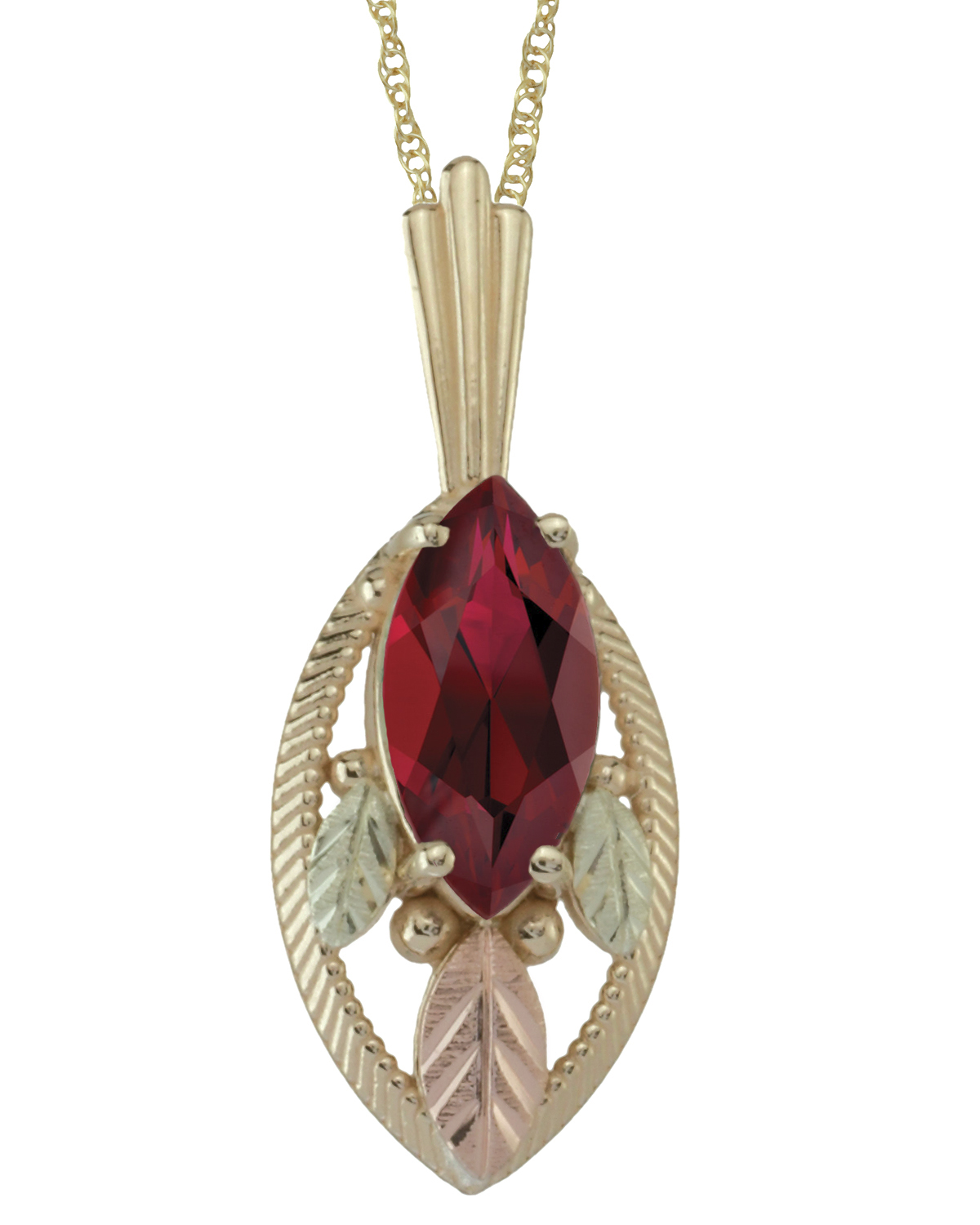 Garnet Marquise Pendant Necklace, 10k Yellow Gold, 12k Green and Rose Gold Black Hills Gold Motif