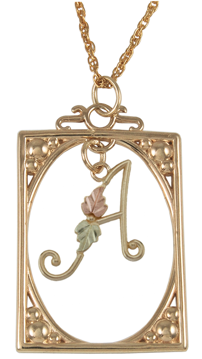 Initial 'A' Square Pendant Necklace, 10k Yellow Gold, 12k Green and Rose Gold Black Hills Gold Motif