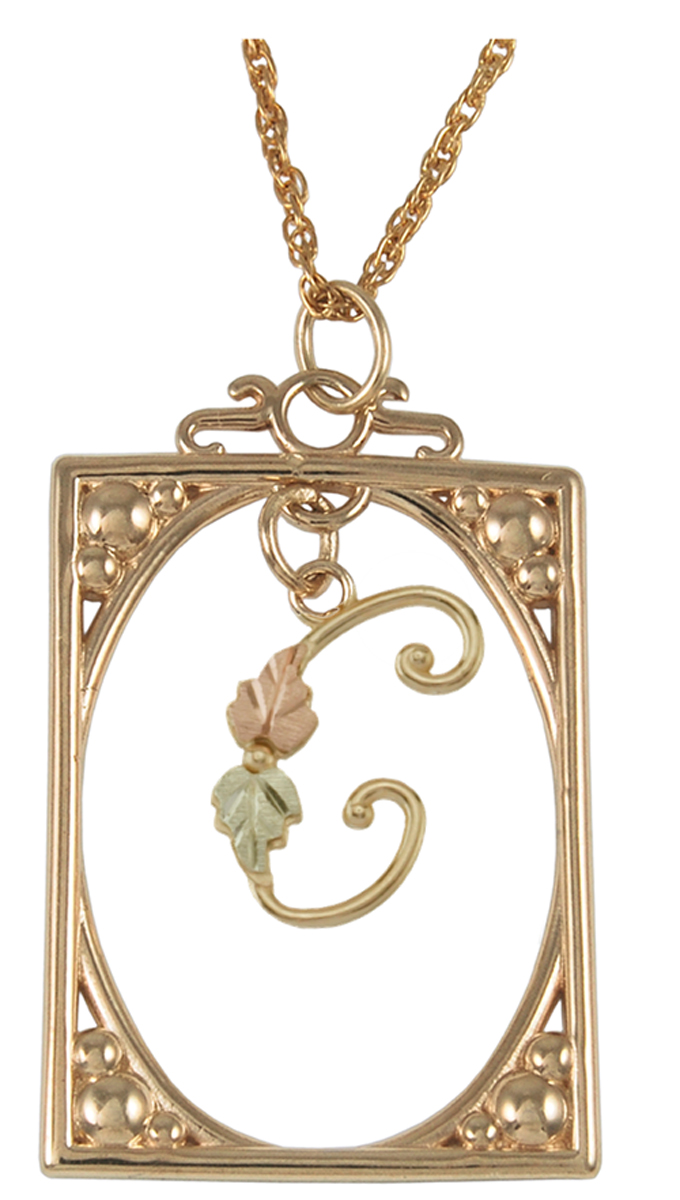 Initial 'C' Square Pendant Necklace, 10k Yellow Gold, 12k Green and Rose Gold Black Hills Gold Motif