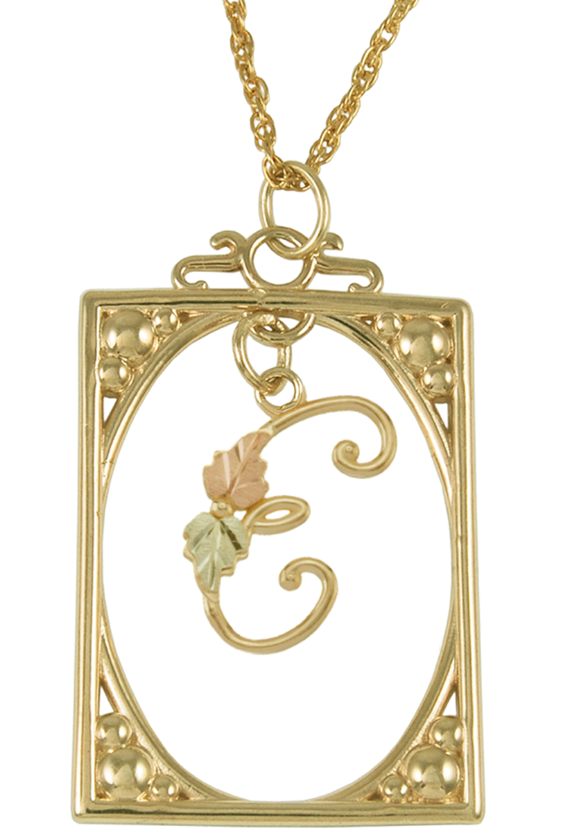 Initial 'E' Square Pendant Necklace, 10k Yellow Gold, 12k Green and Rose Gold Black Hills Gold Motif