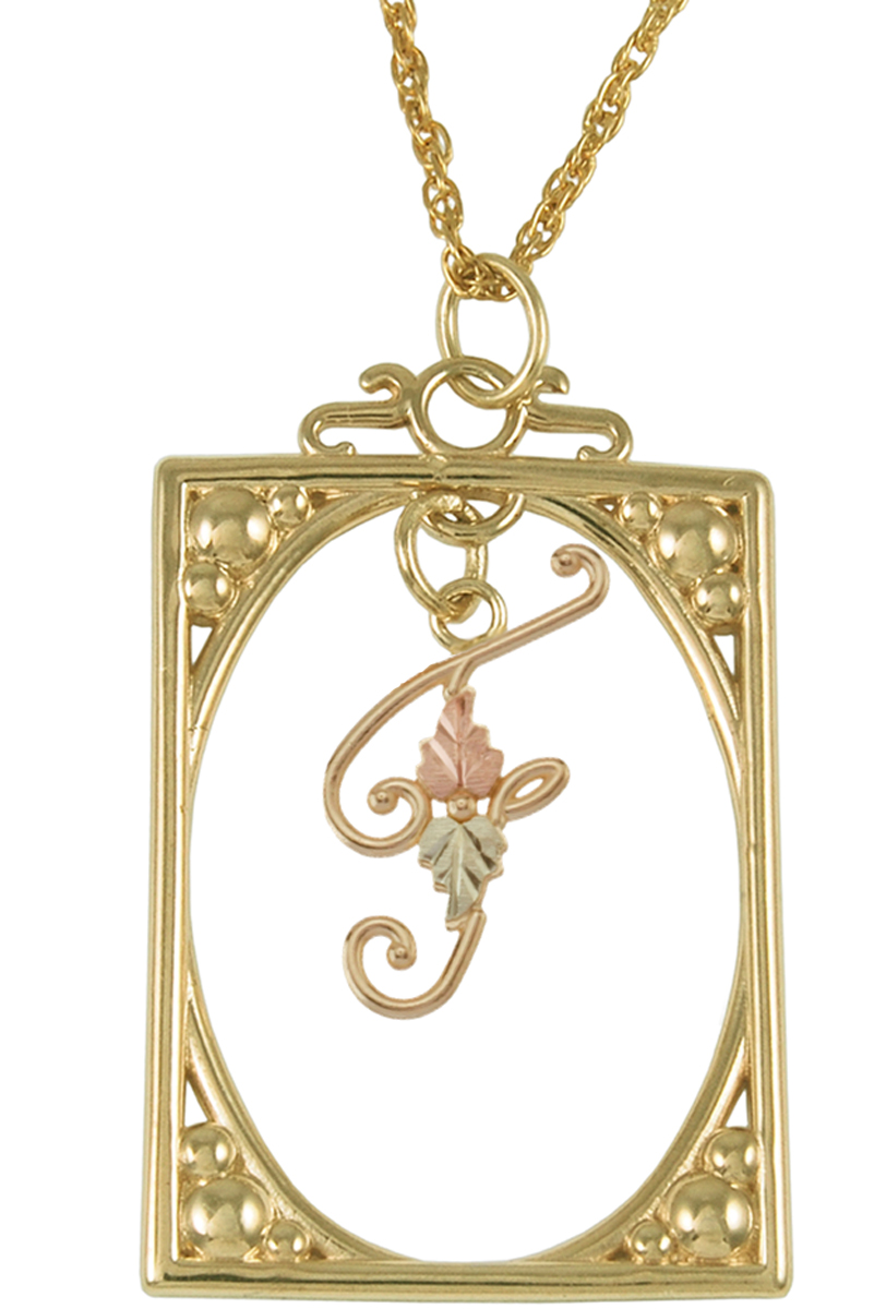 Initial 'F' Square Pendant Necklace, 10k Yellow Gold, 12k Green and Rose Gold Black Hills Gold Motif