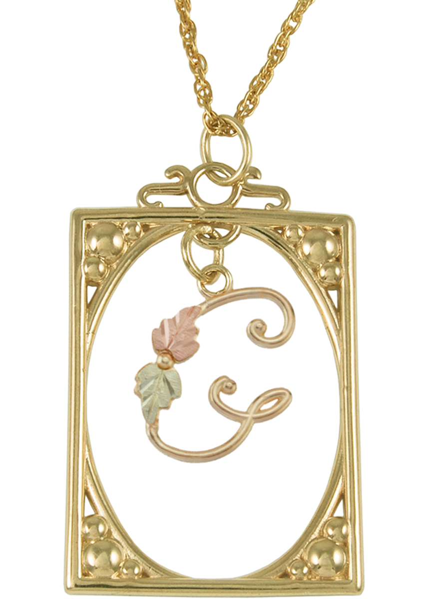 Initial 'G' Square Pendant Necklace, 10k Yellow Gold, 12k Green and Rose Gold Black Hills Gold Motif