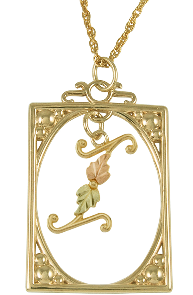 Initial 'I' Square Pendant Necklace, 10k Yellow Gold, 12k Green and Rose Gold Black Hills Gold Motif