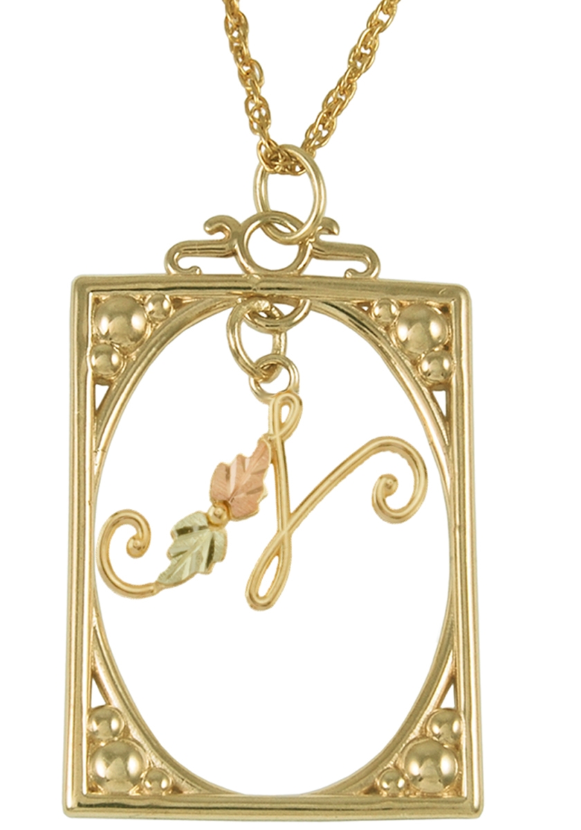 Initial 'N' Square Pendant Necklace, 10k Yellow Gold, 12k Green and Rose Gold Black Hills Gold Motif