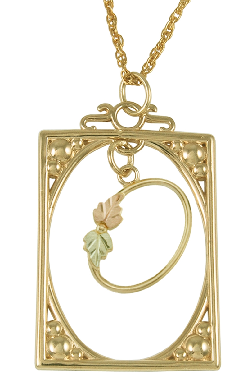 Initial 'O' Square Pendant Necklace, 10k Yellow Gold, 12k Green and Rose Gold Black Hills Gold Motif