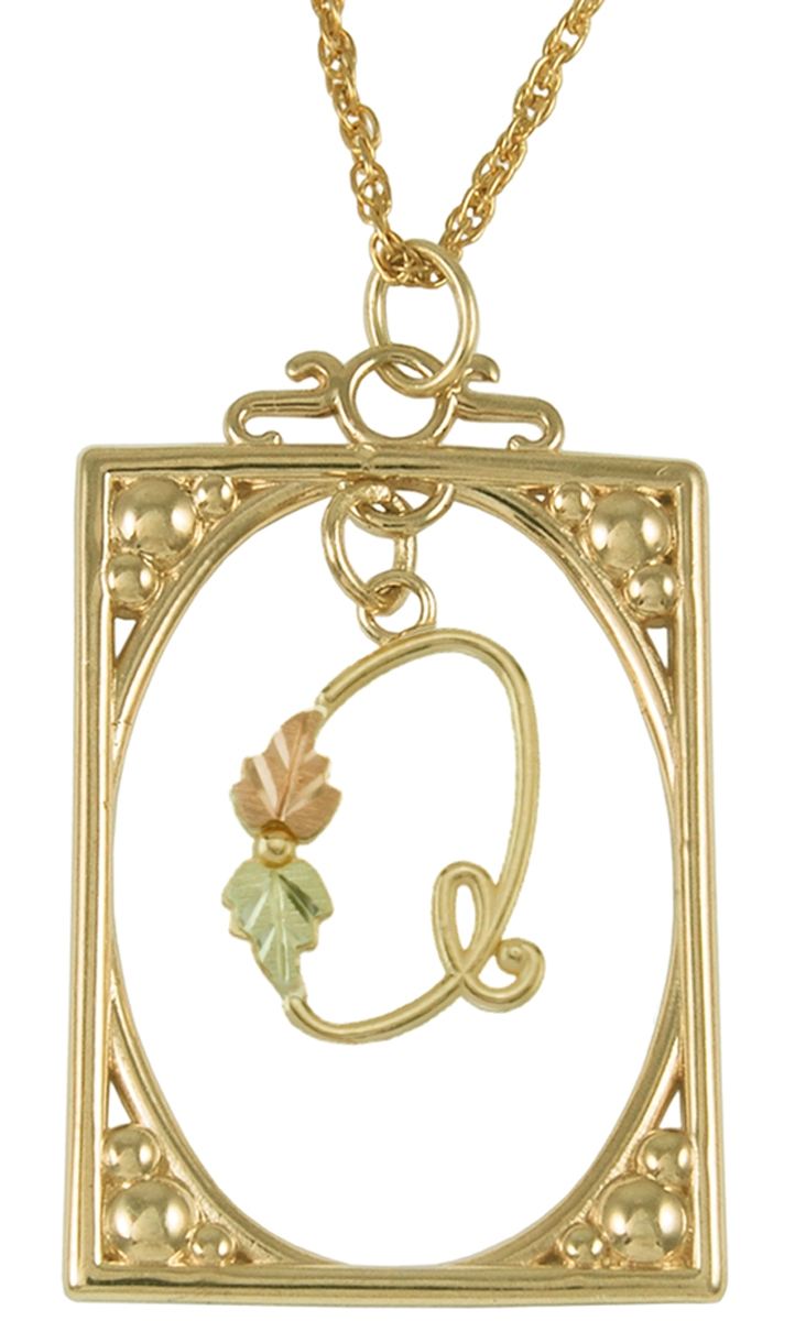 Initial 'Q' Square Pendant Necklace, 10k Yellow Gold, 12k Green and Rose Gold Black Hills Gold Motif
