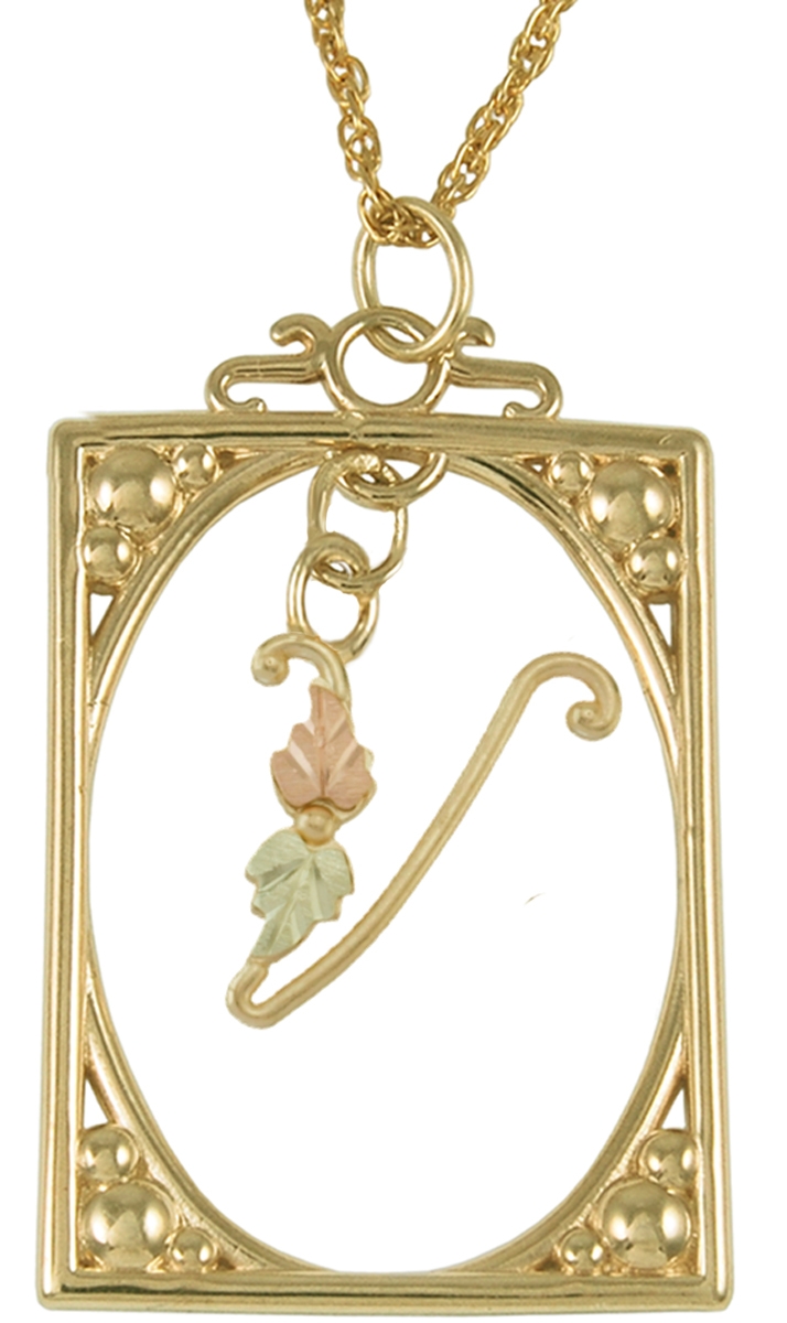 Initial 'V' Square Pendant Necklace, 10k Yellow Gold, 12k Green and Rose Gold Black Hills Gold Motif