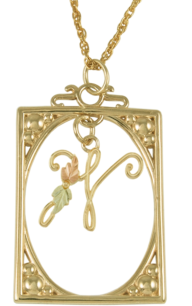 Initial 'W' Square Pendant Necklace, 10k Yellow Gold, 12k Green and Rose Gold Black Hills Gold Motif