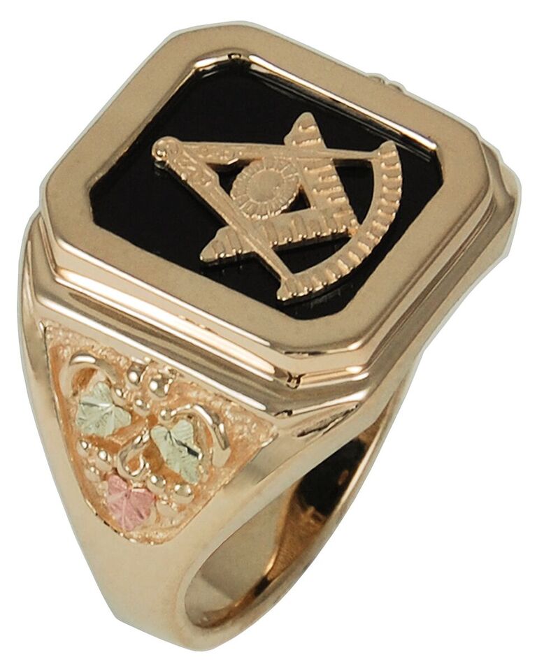 Men's Tri-Tone Onyx Octgaon Signet Ring, 10k Yellow Gold, 12k Green and Rose Gold Black Hills Gold Motif 