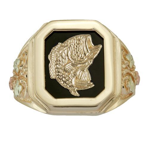 Men's Fish and Onyx Octagon Ring, 10k Yellow Gold, 12k Green and Rose Gold Black Hills Gold Motif