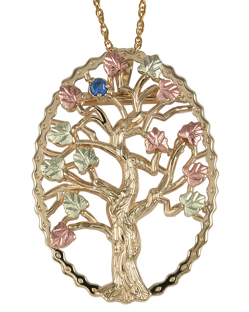 Sapphire Tree Pendant Necklace, 10k Yellow Gold, 12k Green and Rose Gold Black Hills Gold Motif