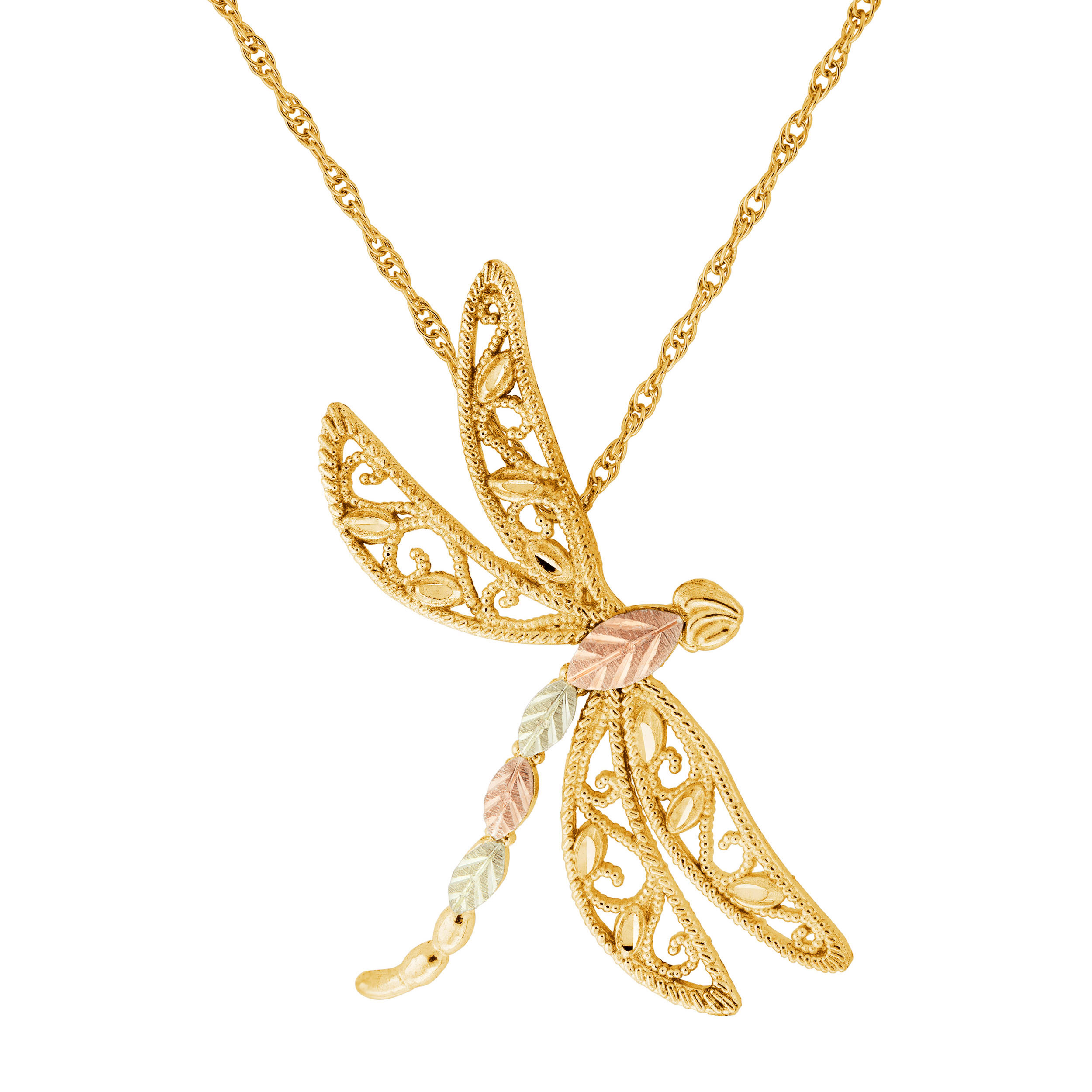 10k yellow gold Black Hills Gold dragonfly necklace with 12k green and rose gold, suspended from an 18 inch gold-filled rope chain.