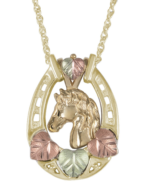 Horse with Teardrop Necklace, 10k Yellow Gold, 12k Green and Rose Gold Black Hills Gold Motif