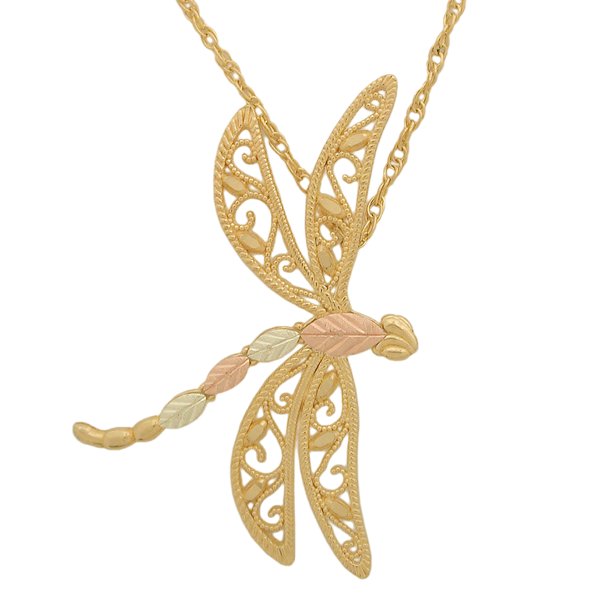 Black Hills Gold 10k yellow gold dragonfly with beautiful scroll work wings and 12k green and gold body.