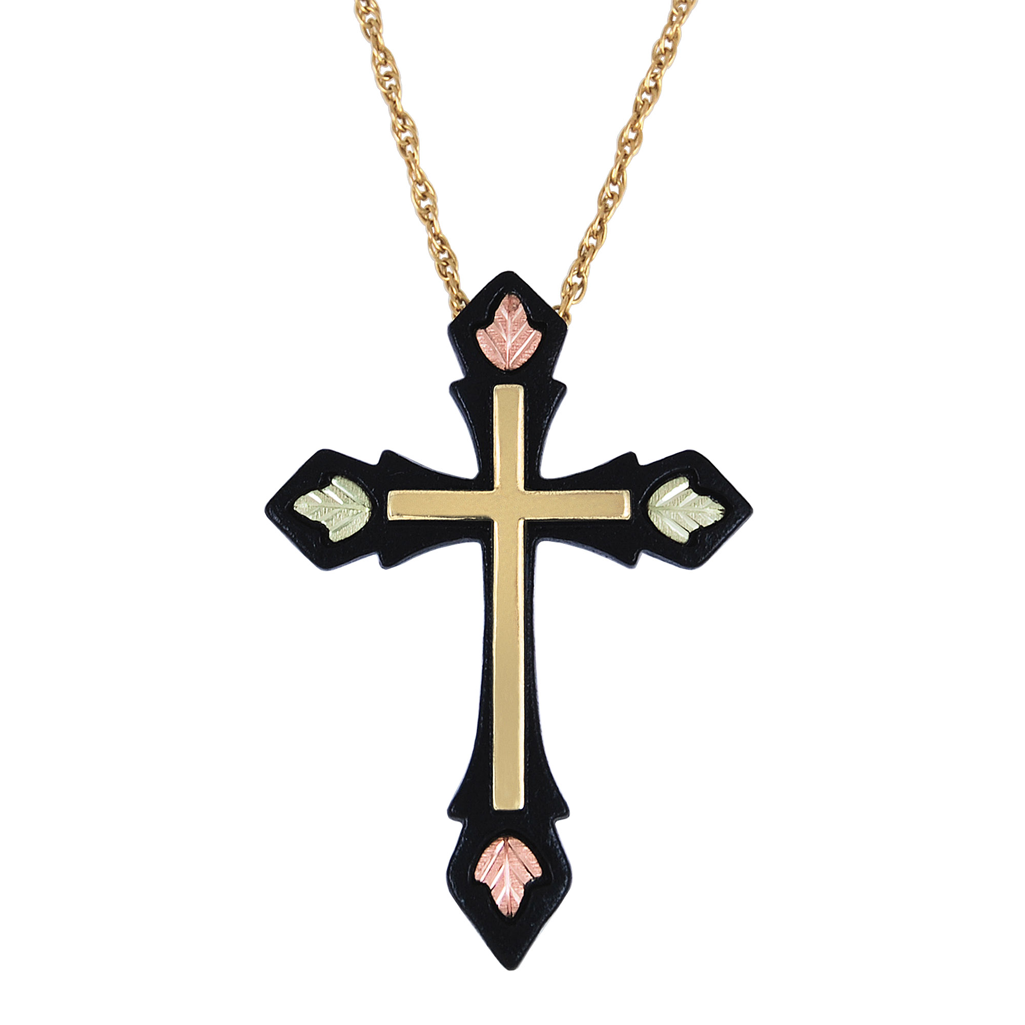 Cross Pendant Necklace, 10k Yellow Gold, 12k Green and Rose Gold Black Hills Gold Motif