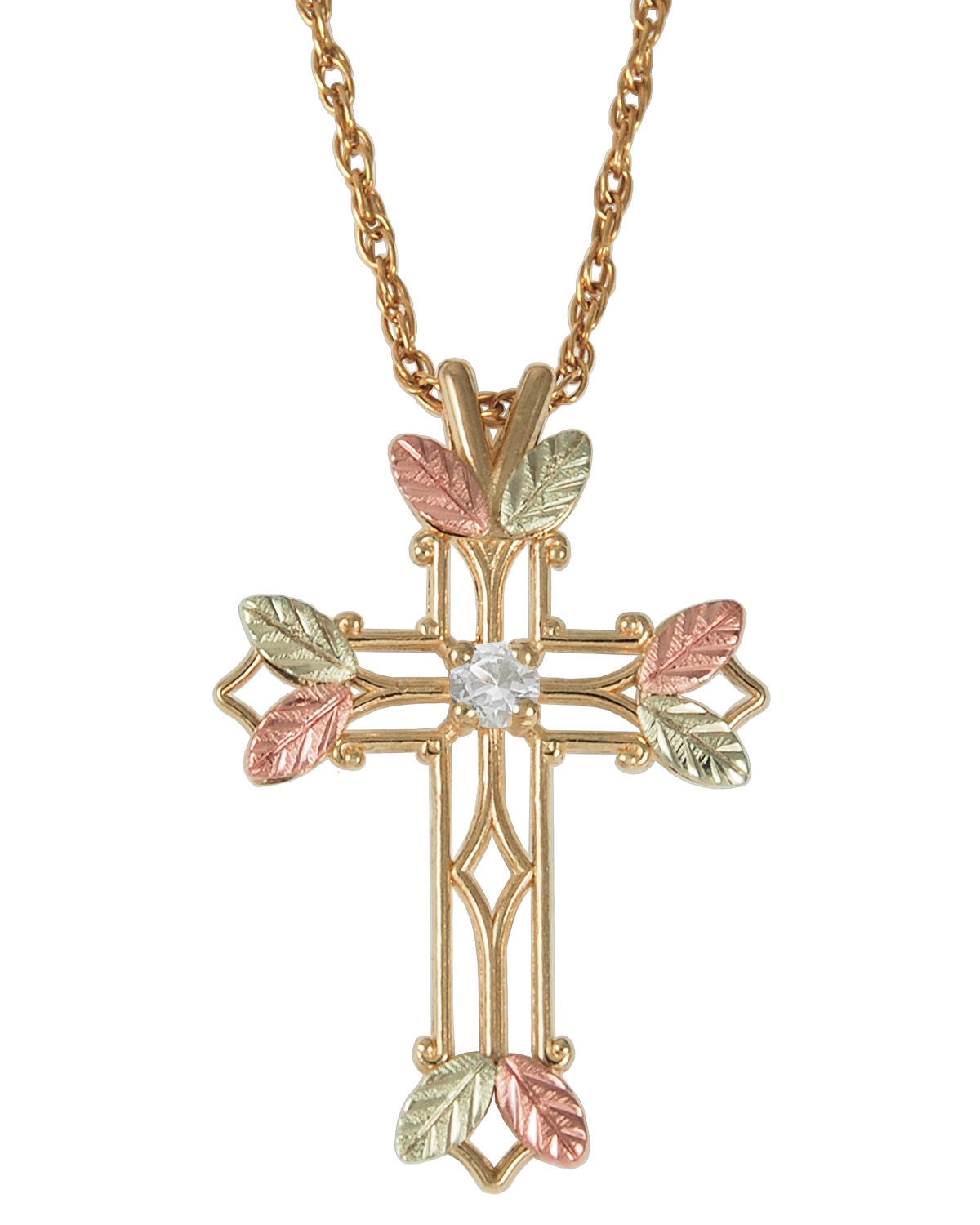 Diamond Pointed Cross Pendant Necklace , 10k Yellow Gold, 12k Green and Rose Gold Black Hills Gold Motif