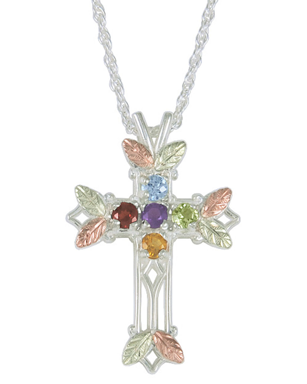 Aquamarine, Citrine, Garnet, Amethyst and Peridot Pointed Cross Pendant Necklace, Sterling Silver, 12k Green and Rose Gold Black Hills Gold Motif.